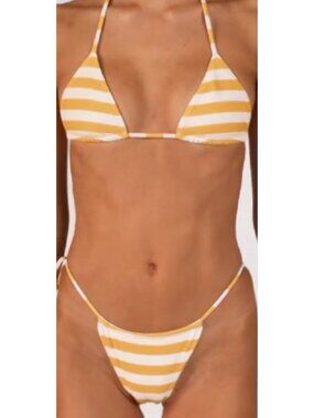 SAME Los Angeles Bikini Set 2pc L Top High Cut Bottom Yellow White Striped Trian